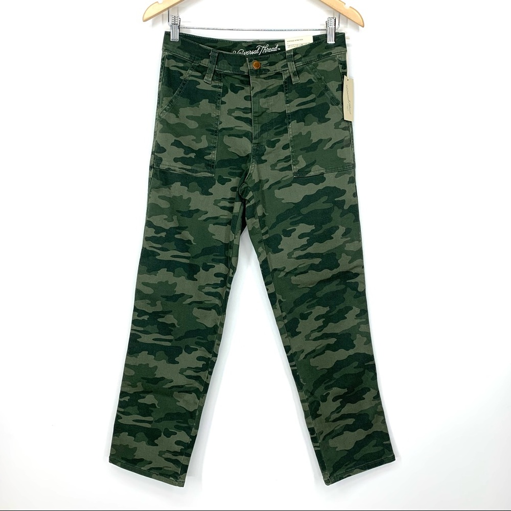 Universal Thread High Rise Straight Crop Ankle Green Camo Jeans Vintage Stretch
